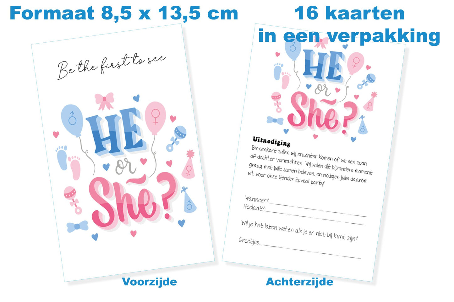 16 x Gender Reveal uitnodiging en envelop - babyshower invulkaarten - Kaart met envelop - Ricard8718133050176