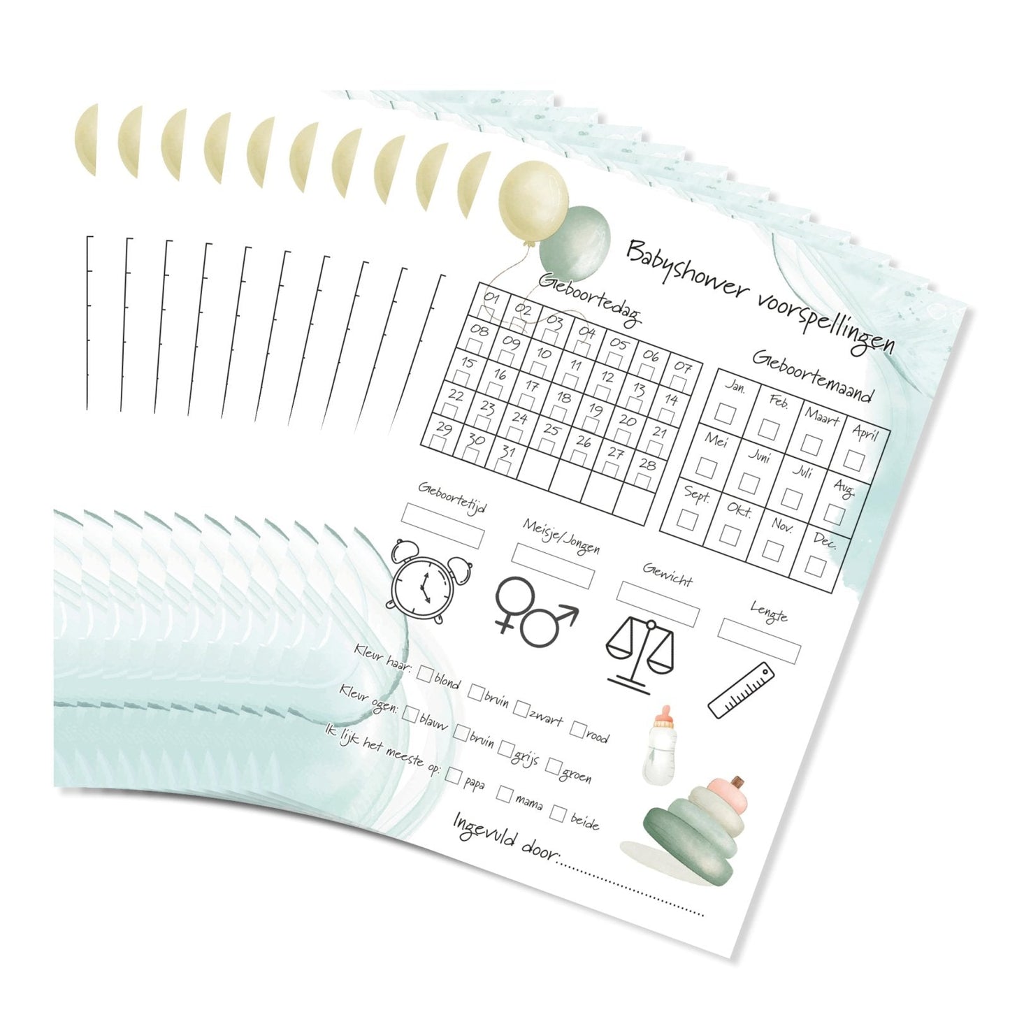 20x Babyshower invulkaarten | Invullen met maand en dag | Grote kaarten (148 mm bij 210 mm) - Babyshower11 - Ricard Pictogram stickers - 8718133042966