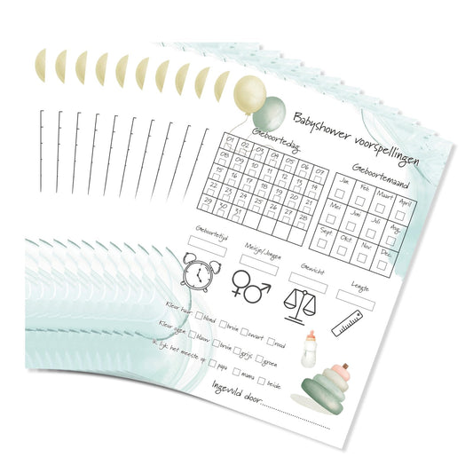 20x Babyshower invulkaarten | Invullen met maand en dag | Grote kaarten (148 mm bij 210 mm) - Babyshower11 - Ricard Pictogram stickers - 8718133042966