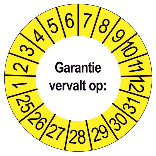 Keuringssticker Garantie vervalt op, wit met gele buitenrand, rond 35 mm vinyl
