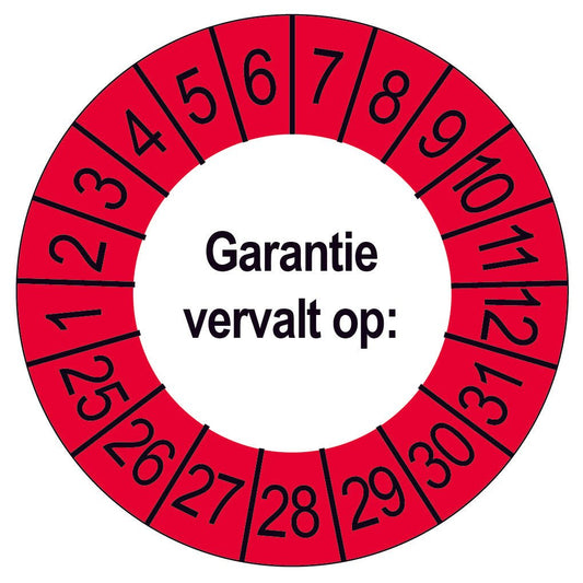 Keuringssticker Garantie vervalt op, wit met rode buitenrand, rond 35 mm vinyl