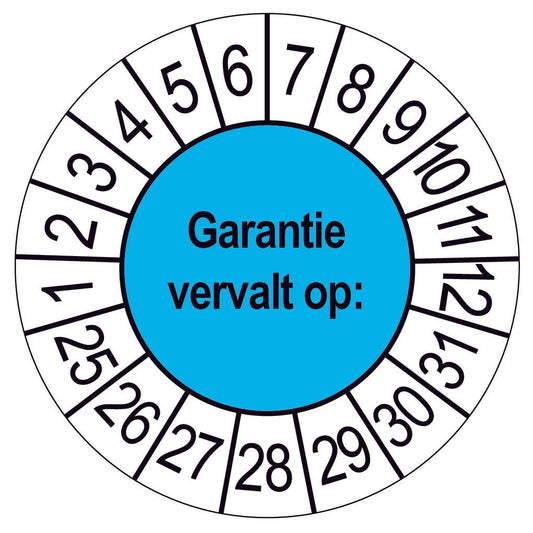 Keuringssticker Garantie vervalt op, blauw met witte cijferrand, rond 35 mm vinyl