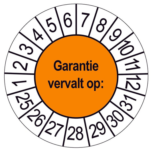 Keuringssticker Garantie vervalt op, oranje met witte cijferrand, rond 35 mm vinyl
