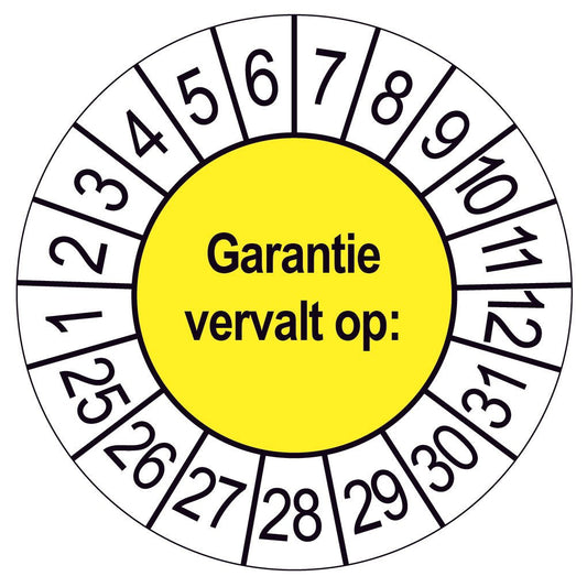 Keuringssticker Garantie vervalt op, geel met witte cijferrand, rond 35 mm vinyl