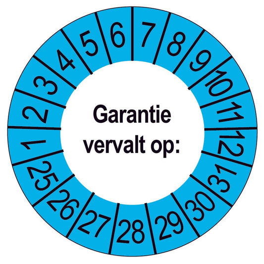 Keuringssticker Garantie vervalt op, wit met blauwe buitenrand, rond 35 mm vinyl