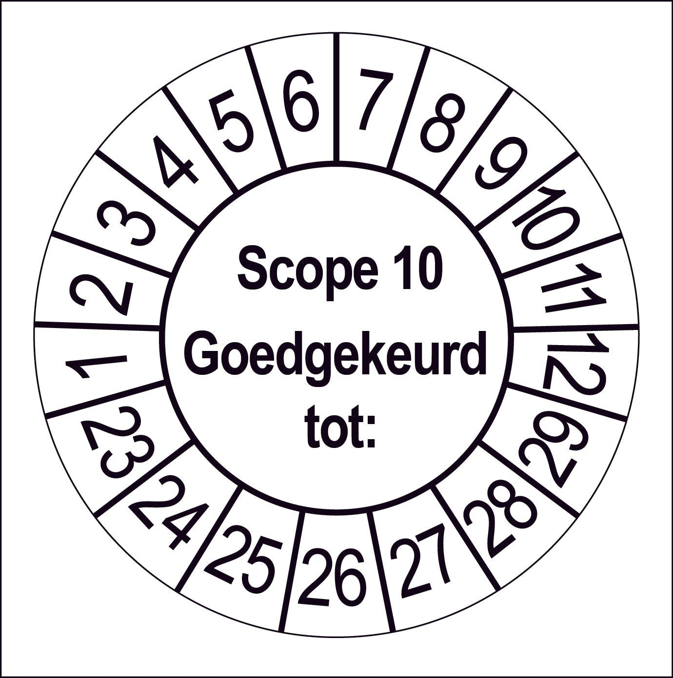 Keuringssticker SCIOS Scope 10, wit met zwarte opdruk, rond 35 mm vinyl
