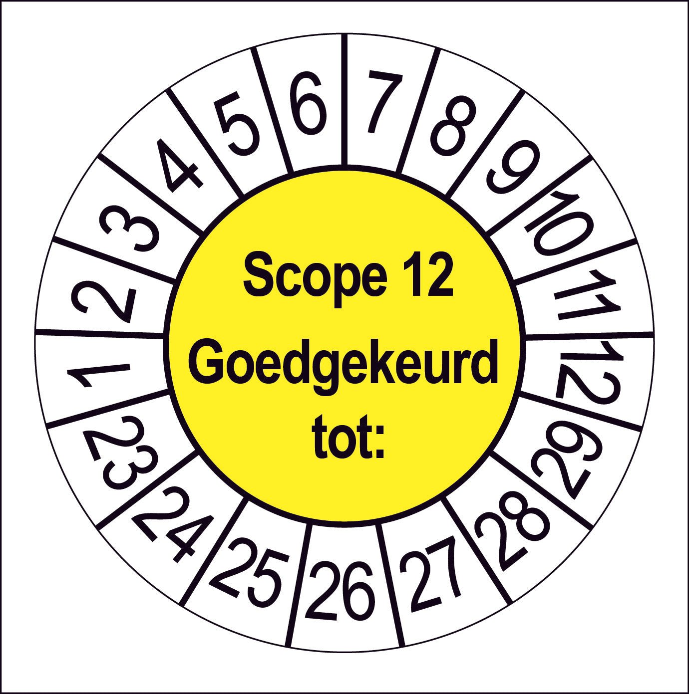 Keuringssticker SCIOS Scope 12, geel middenveld met witte cijferrand, rond 35 mm vinyl