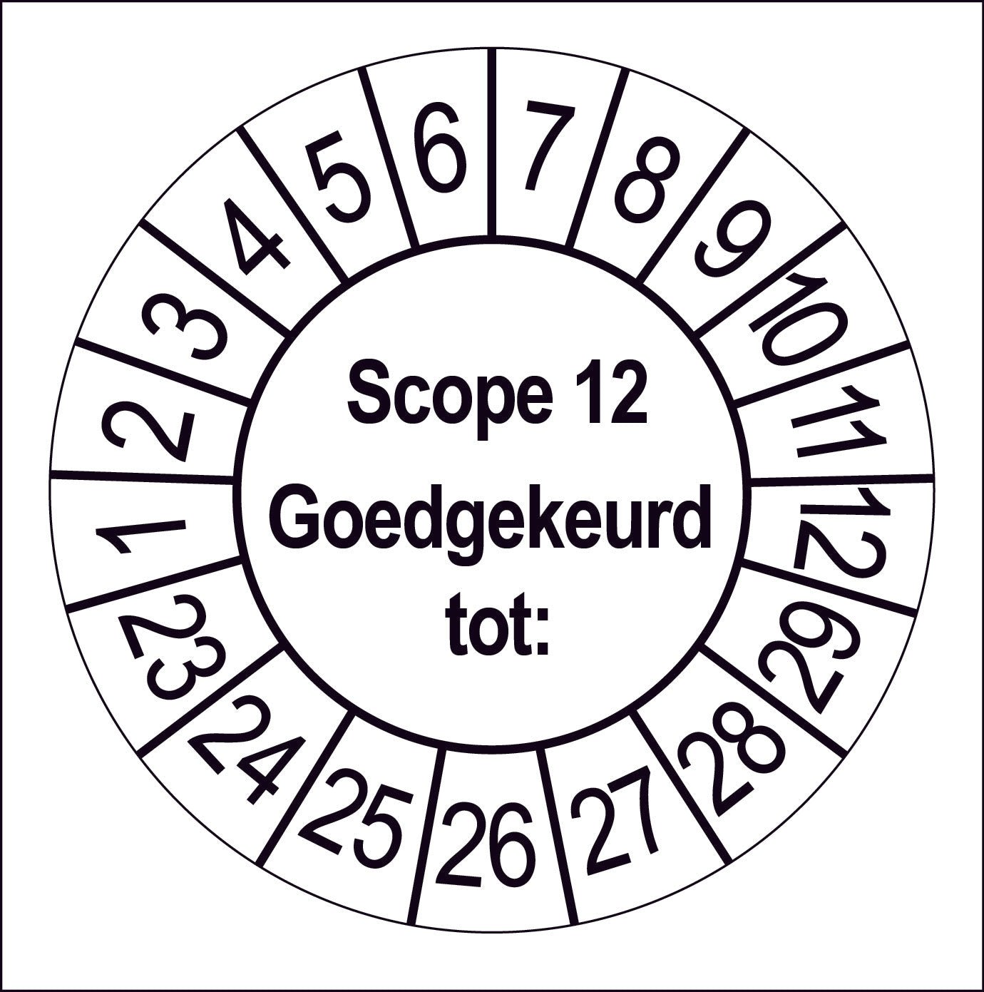 Keuringssticker SCIOS Scope 12, wit met zwarte opdruk, rond 35 mm vinyl