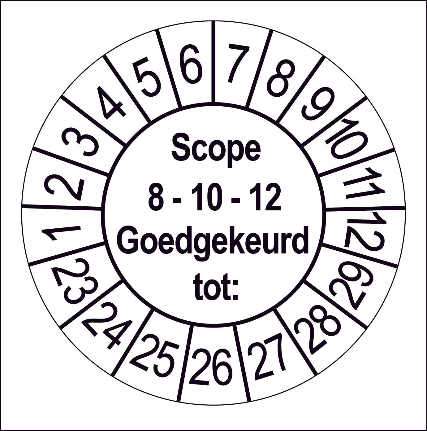Keuringssticker SCIOS Scope 8, 10 en 12, wit met zwarte opdruk, rond 35 mm vinyl