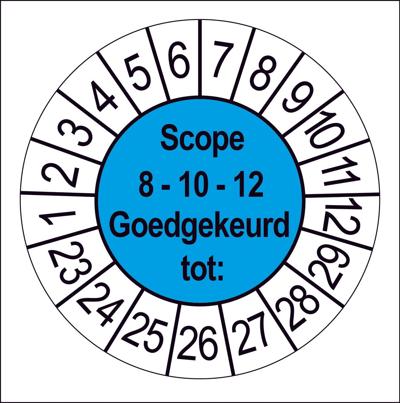 Keuringssticker SCIOS Scope 8, 10 en 12, blauw middenveld met witte cijferrand, rond 35 mm vinyl