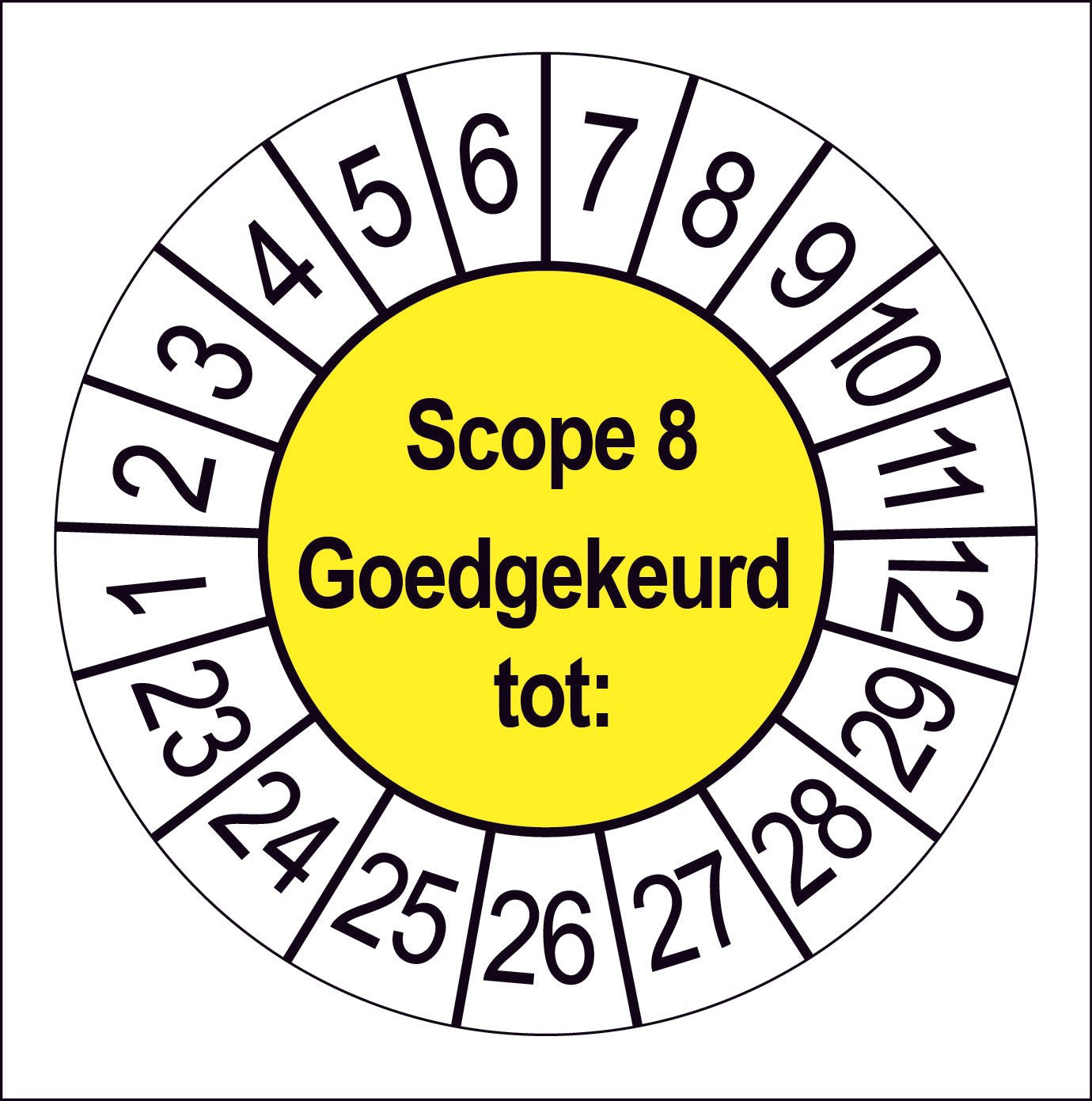 Keuringssticker SCIOS Scope 8, geel middenveld met witte cijferrand, rond 35 mm vinyl