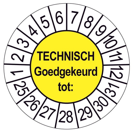 Keuringssticker Technisch Goedgekeurd, geel met witte cijferrand, rond 35 mm vinyl