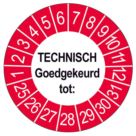 Keuringssticker Technisch Goedgekeurd, wit met rode buitenrand, rond 35 mm vinyl