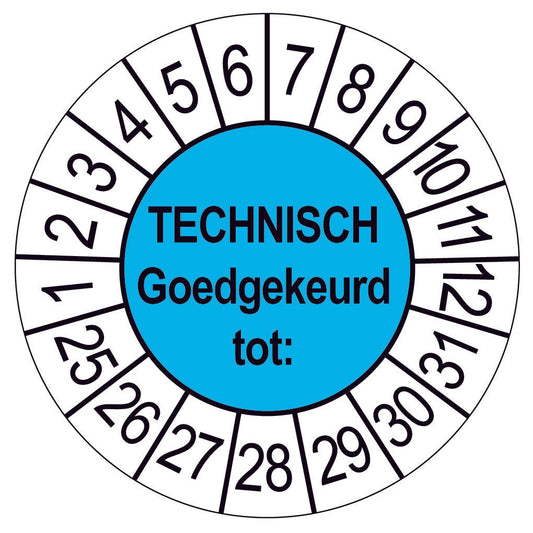 Keuringssticker Technisch Goedgekeurd, blauw met witte cijferrand, rond 35 mm vinyl