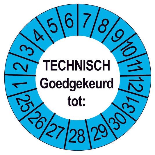 Keuringssticker Technisch Goedgekeurd, wit met blauwe buitenrand, rond 35 mm vinyl