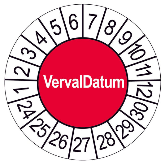 Keuringssticker Verval Datum, wit met zwarte opdruk, rond 35 mm vinyl