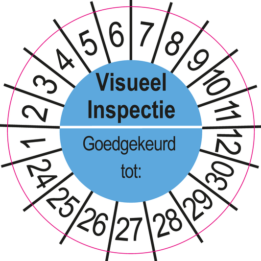 Keuringssticker Visueel Inspectie Goedgekeurd tot, blauw met witte cijferrand, rond 35 mm vinyl