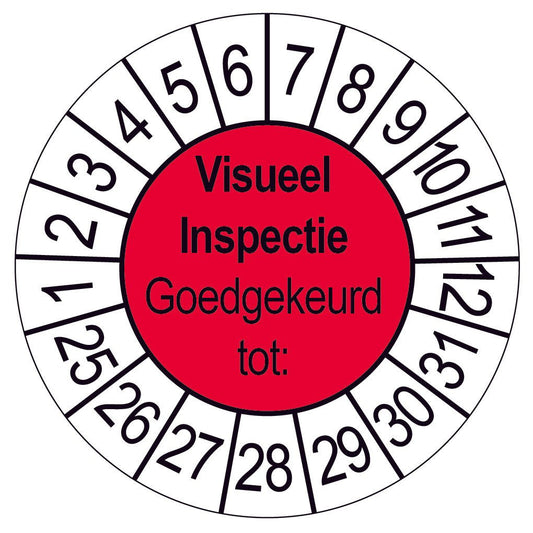 Keuringssticker Visueel Inspectie Goedgekeurd tot, rood met witte cijferrand, rond 35 mm vinyl