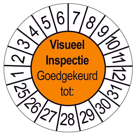 Keuringssticker Visueel Inspectie Goedgekeurd tot, oranje met witte cijferrand, rond 35 mm vinyl