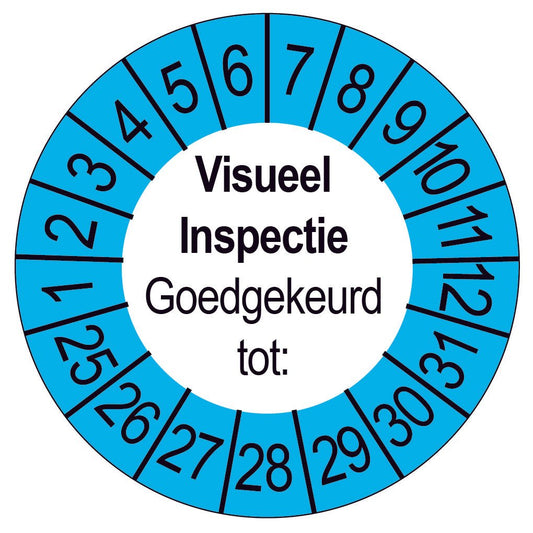 Keuringssticker Visueel Inspectie Goedgekeurd tot, wit met blauwe buitenrand, rond 35 mm vinyl