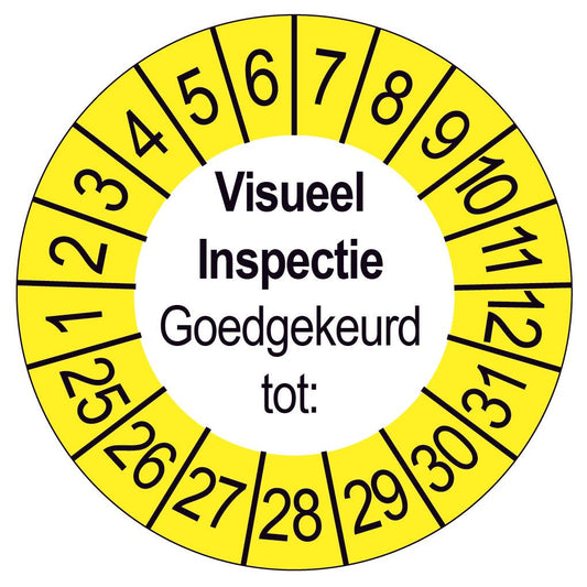 Keuringssticker Visueel Inspectie Goedgekeurd tot, wit met gele buitenrand, rond 35 mm vinyl
