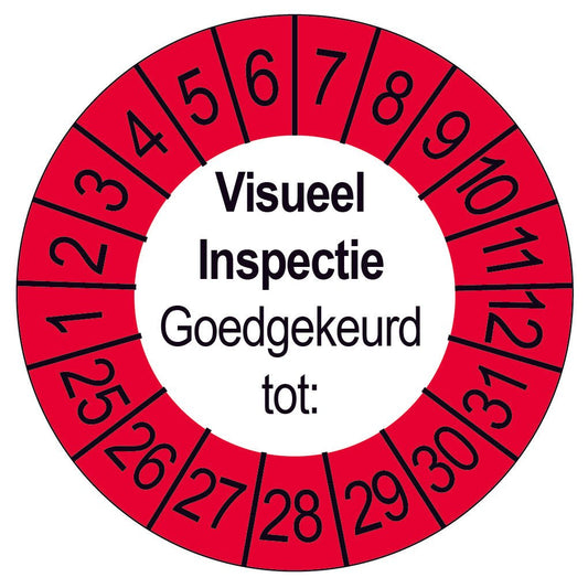 Keuringssticker Visueel Inspectie Goedgekeurd tot, wit met rode buitenrand, rond 35 mm vinyl