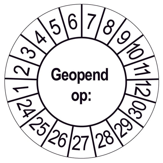Keuringssticker Geopend op, wit met zwarte opdruk, rond 35 mm vinyl