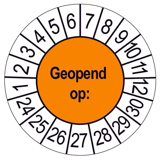 Keuringssticker Geopend op, oranje met witte cijferrand, rond 35 mm vinyl
