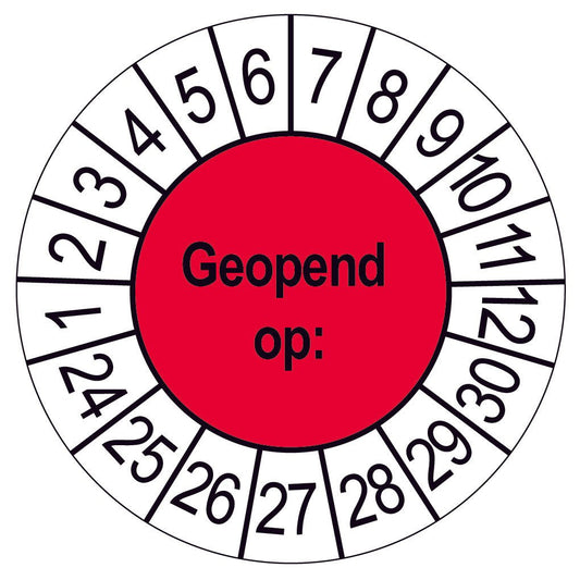 Keuringssticker Geopend op, rood met witte cijferrand, rond 35 mm vinyl