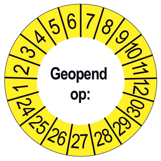 Keuringssticker Geopend op, wit met gele buitenrand, rond 35 mm vinyl