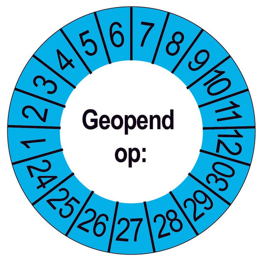 Keuringssticker Geopend op, wit met blauwe buitenrand, rond 35 mm vinyl