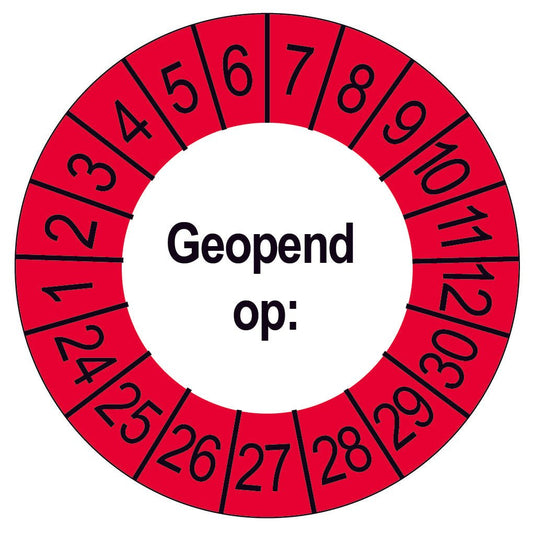 Keuringssticker Geopend op, wit met rode buitenrand, rond 35 mm vinyl