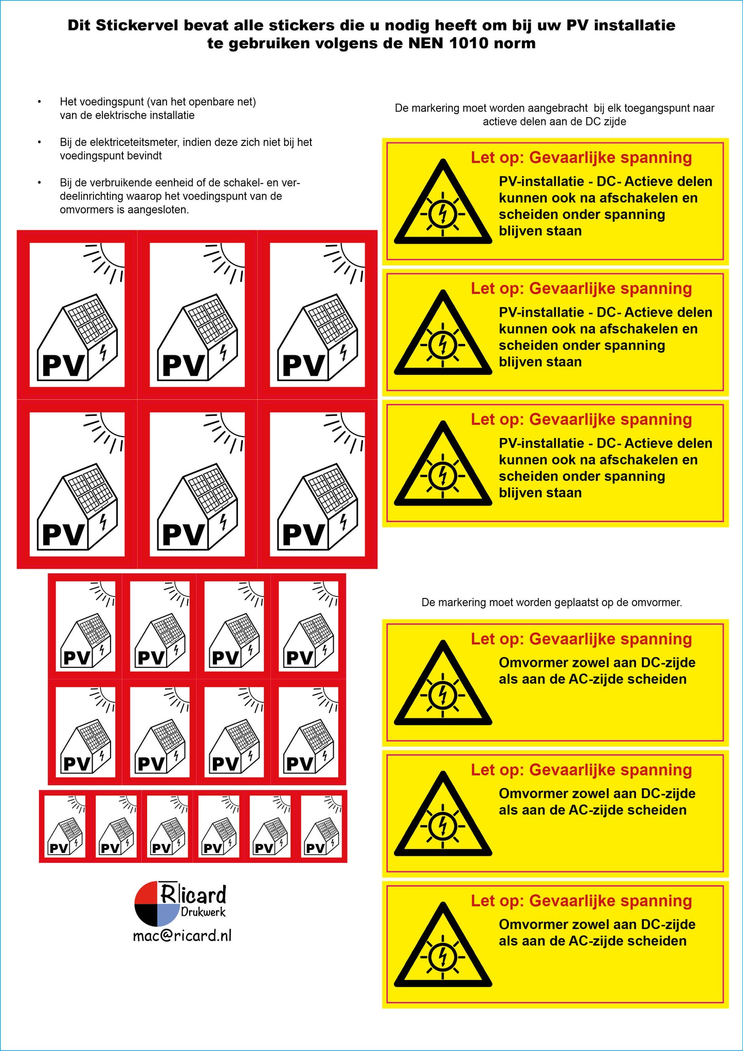 ☀️ All-in-One PV Stickervel NEN1010 – Complete Set voor Zonne-Energie Installaties | A4 formaat
