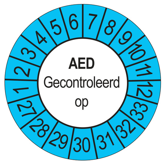 Keuringssticker AED Gecontroleerd op 2027, buiten blauw, Ø 35 mm