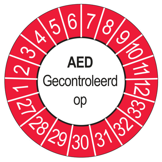 Keuringssticker AED Gecontroleerd op 2027, buiten rood, Ø 35 mm