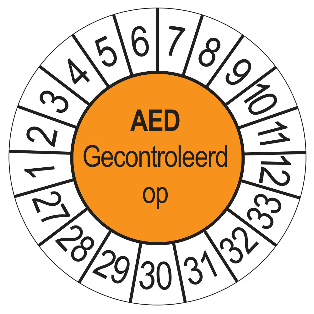 Keuringssticker AED Gecontroleerd op 2027, oranje, Ø 35 mm