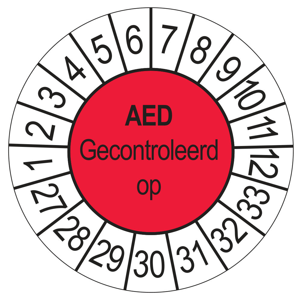 Keuringssticker AED Gecontroleerd op 2027, rood, Ø 35 mm