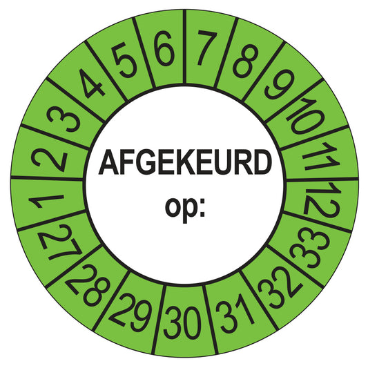 Keuringssticker afgekeurd op buiten groen, rond 35 mm, jaartallen 2027