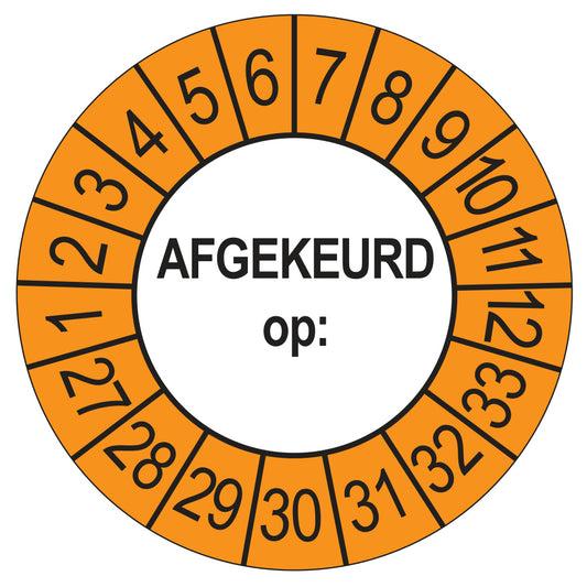 Keuringssticker afgekeurd op buiten oranje, rond 35 mm, jaartallen 2027