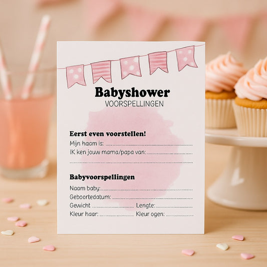 Roze babyshower invulkaart met vlaggetjesslinger bij een taartplateau met roze cupcakes en limonade