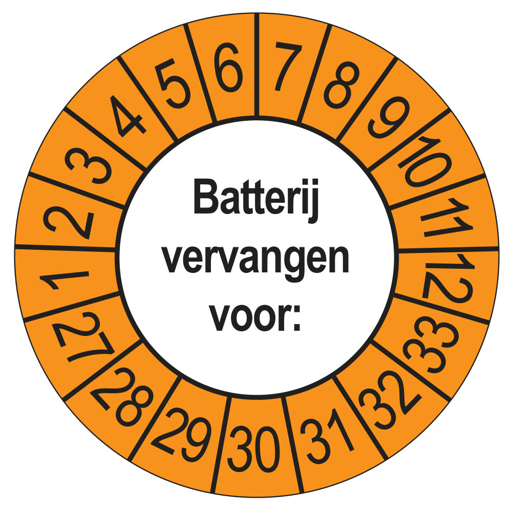 Keuringsstickers Batterij Vervangen 2027 | 50 stuks, Ø 35 mm | Buiten Oranje