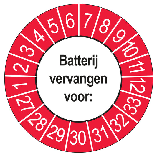Keuringsstickers Batterij Vervangen 2027 | 50 stuks, Ø 35 mm | Buiten Rood