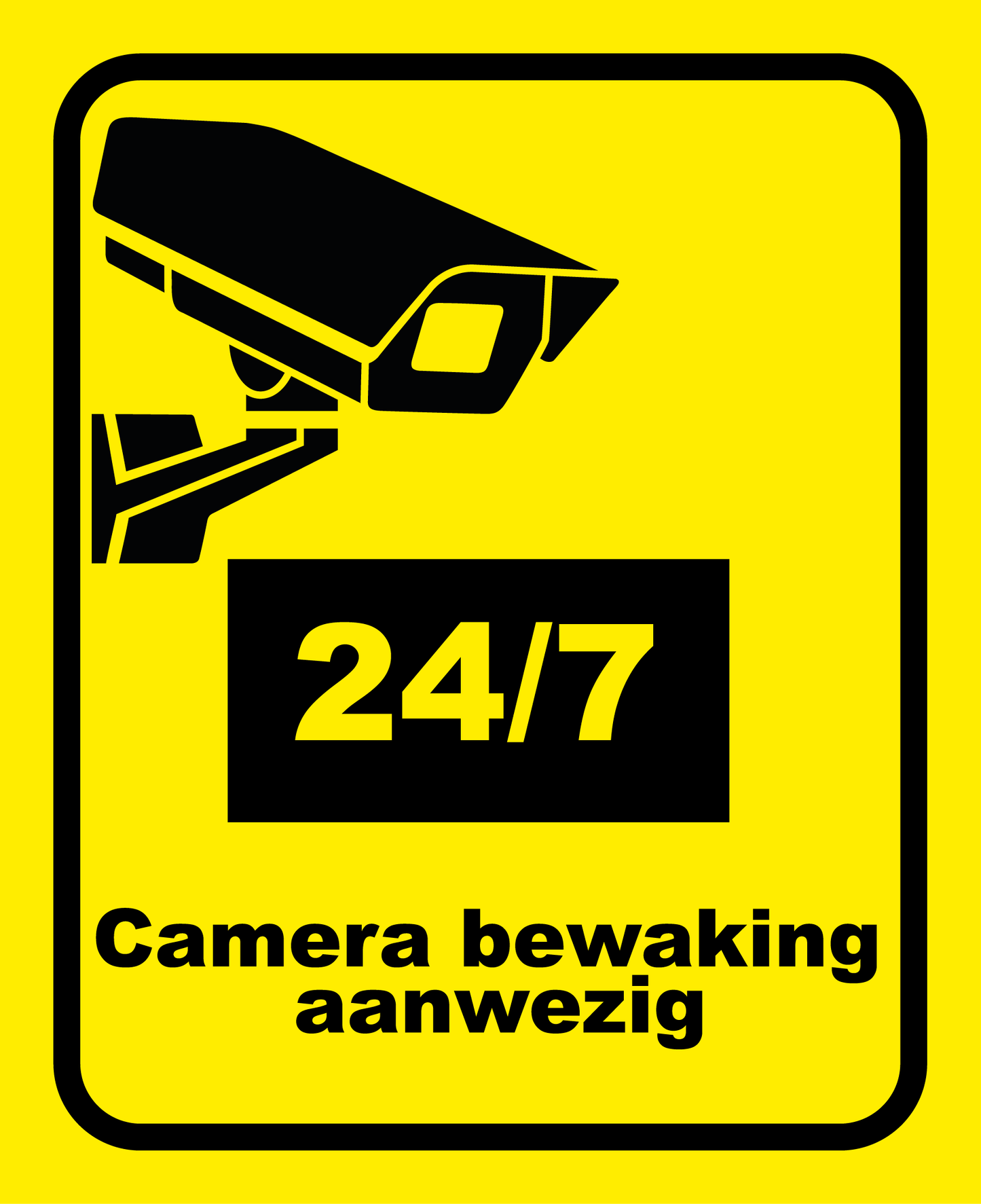 Camera bewaking teks is in het Zwart achtergrond is geel en de tekst .Camera bewaking aanwezig met de afbeelding van een Camera
