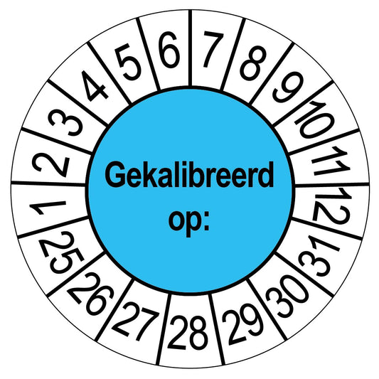 Keuringssticker Gekalibreerd op, blauw met witte cijferrand, rond 35 mm vinyl