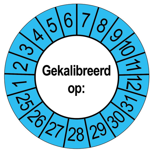 Keuringssticker Gekalibreerd op, wit met blauwe buitenrand, rond 35 mm vinyl
