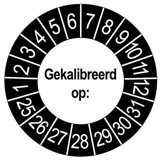 Keuringssticker Gekalibreerd op, wit met zwarte buitenrand, rond 35 mm vinyl