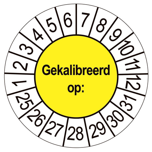 Keuringssticker Gekalibreerd op, geel met witte cijferrand, rond 35 mm vinyl