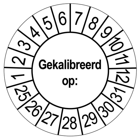 Keuringssticker Gekalibreerd op, wit met zwarte opdruk, rond 35 mm vinyl