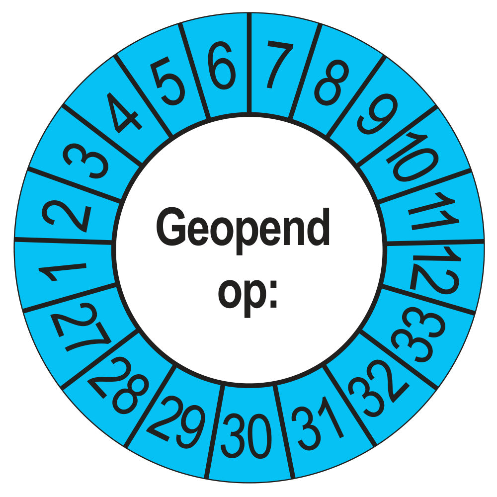 Keuringssticker Geopend op 2027, buiten blauw, Ø 35 mm