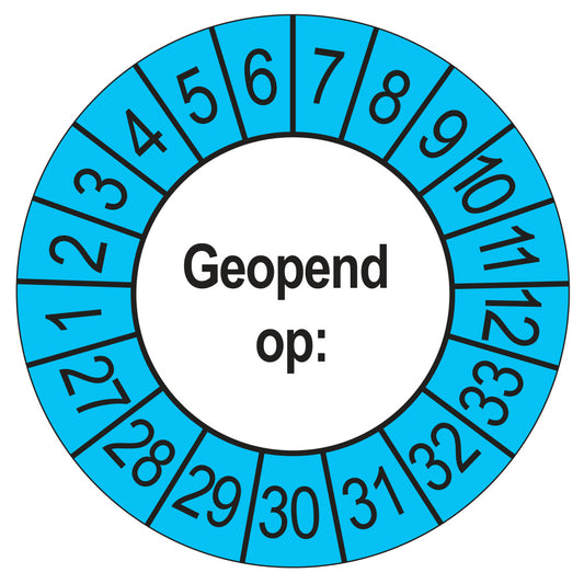 Keuringssticker Geopend op 2027, buiten blauw, Ø 35 mm